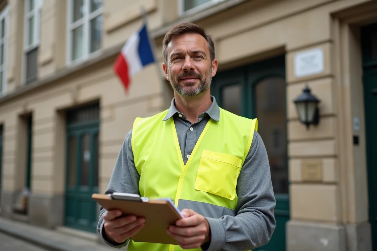 Agent technique masculin de catégorie C devant une mairie française tenant un document officiel lié à ses indemnités de fonctionnaire