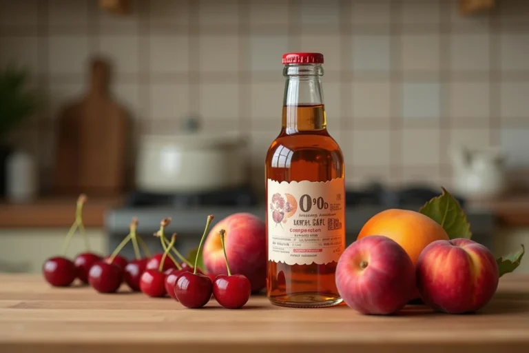 Bouteille d'alcool à 90° pour fruits posée sur un plan de travail en bois avec des fruits frais comme des cerises et des prunes