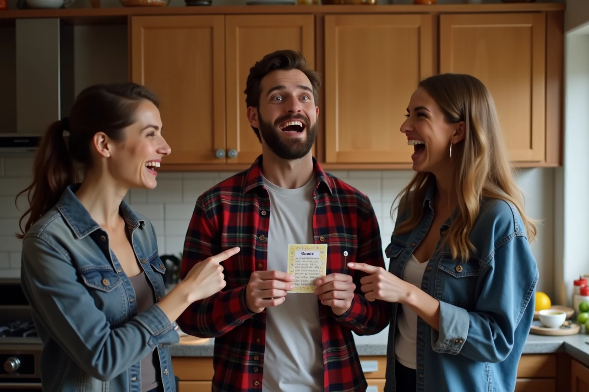 Trio d'amis réagissant avec enthousiasme à une carte du jeu des 12 mois lors d'une soirée jeux animée par de la musique