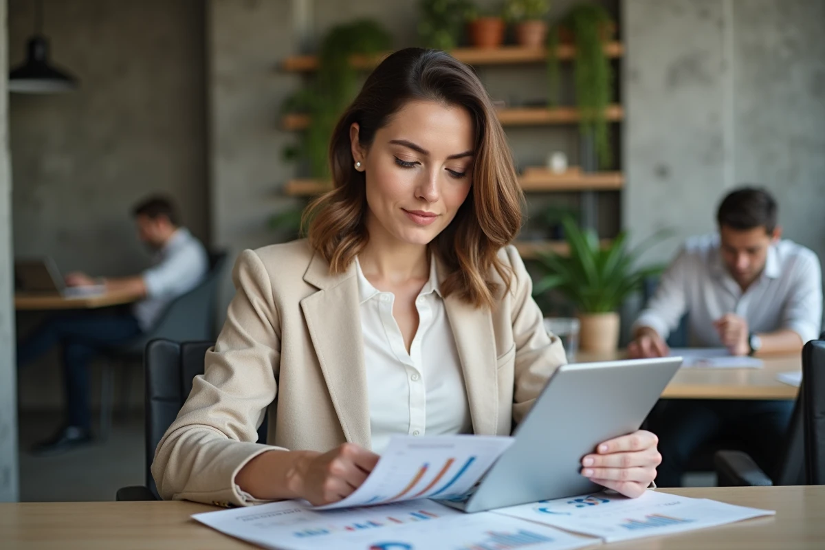 Femme en blazer beige analysant une brochure de SCPI fiscale dans un espace de coworking moderne