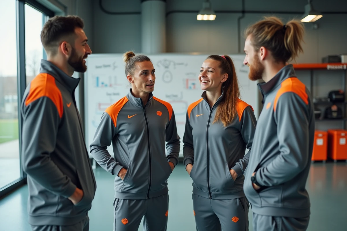 Groupe d'athlètes en discussion tactique dans une salle d'entraînement sportif moderne