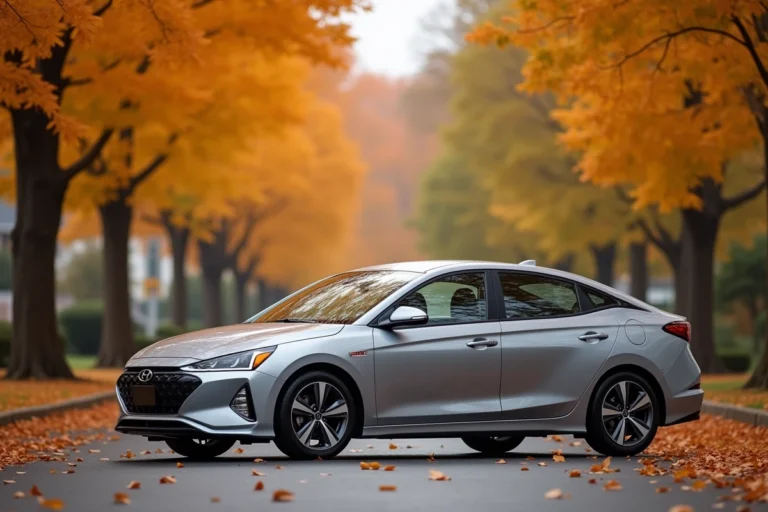 Berline hybride moderne garée dans une rue arborée en automne, vue en trois quarts avant mettant en valeur ses lignes aérodynamiques