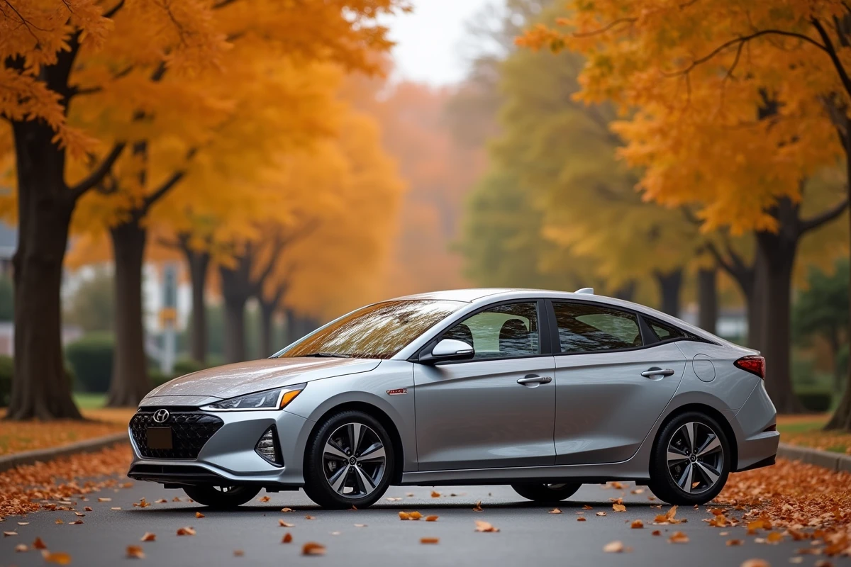 Berline hybride moderne garée dans une rue arborée en automne, vue en trois quarts avant mettant en valeur ses lignes aérodynamiques