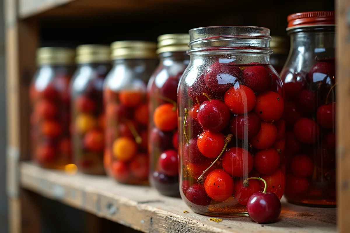 Bocal en verre rempli de fruits conservés dans de l'alcool à 90° posé sur une étagère en bois de garde-manger