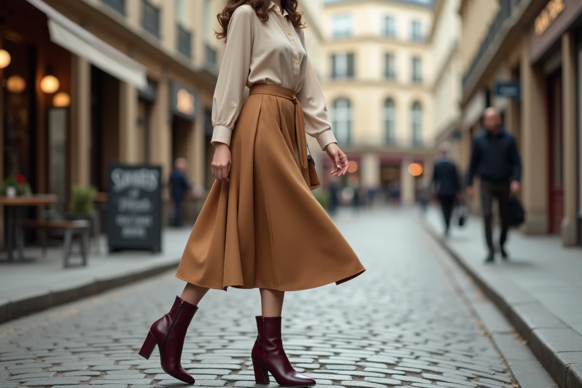 Femme portant des bottines bordeaux à bout pointu dans une rue pavée parisienne en automne