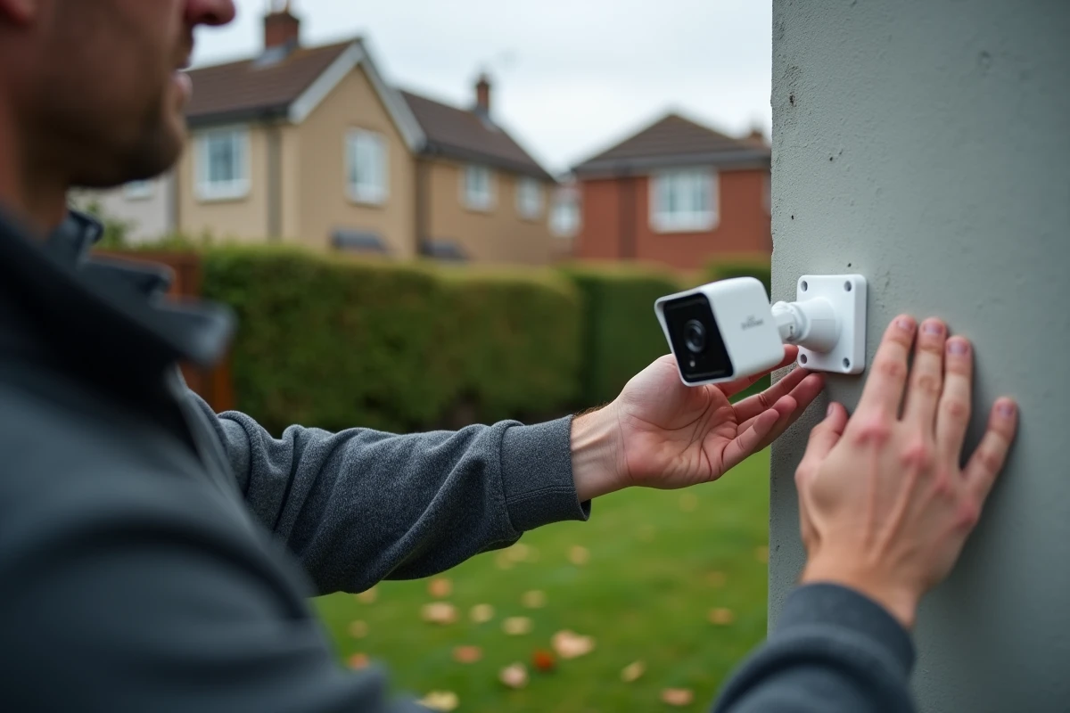 Homme installant une caméra de surveillance extérieure étanche sur la façade d'une maison avec vue sur le jardin