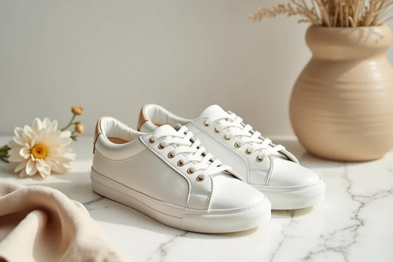 Chaussures tendance blanches en cuir avec détails dorés sur surface en marbre, style boutique minimaliste