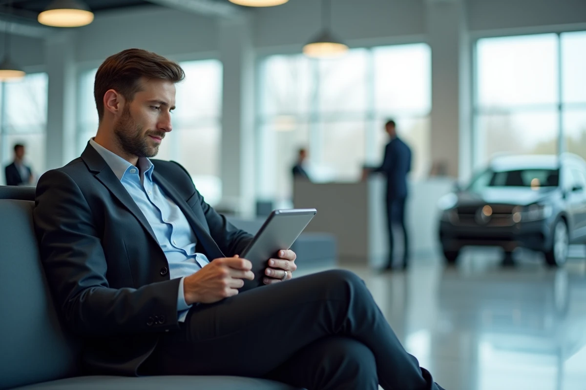 Client consultant sa tablette dans la salle d'attente moderne d'un centre de services automobiles