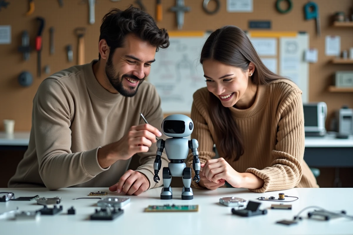 Deux jeunes professionnels collaborant sur un prototype de robot humanoïde dans un laboratoire de startup technologique