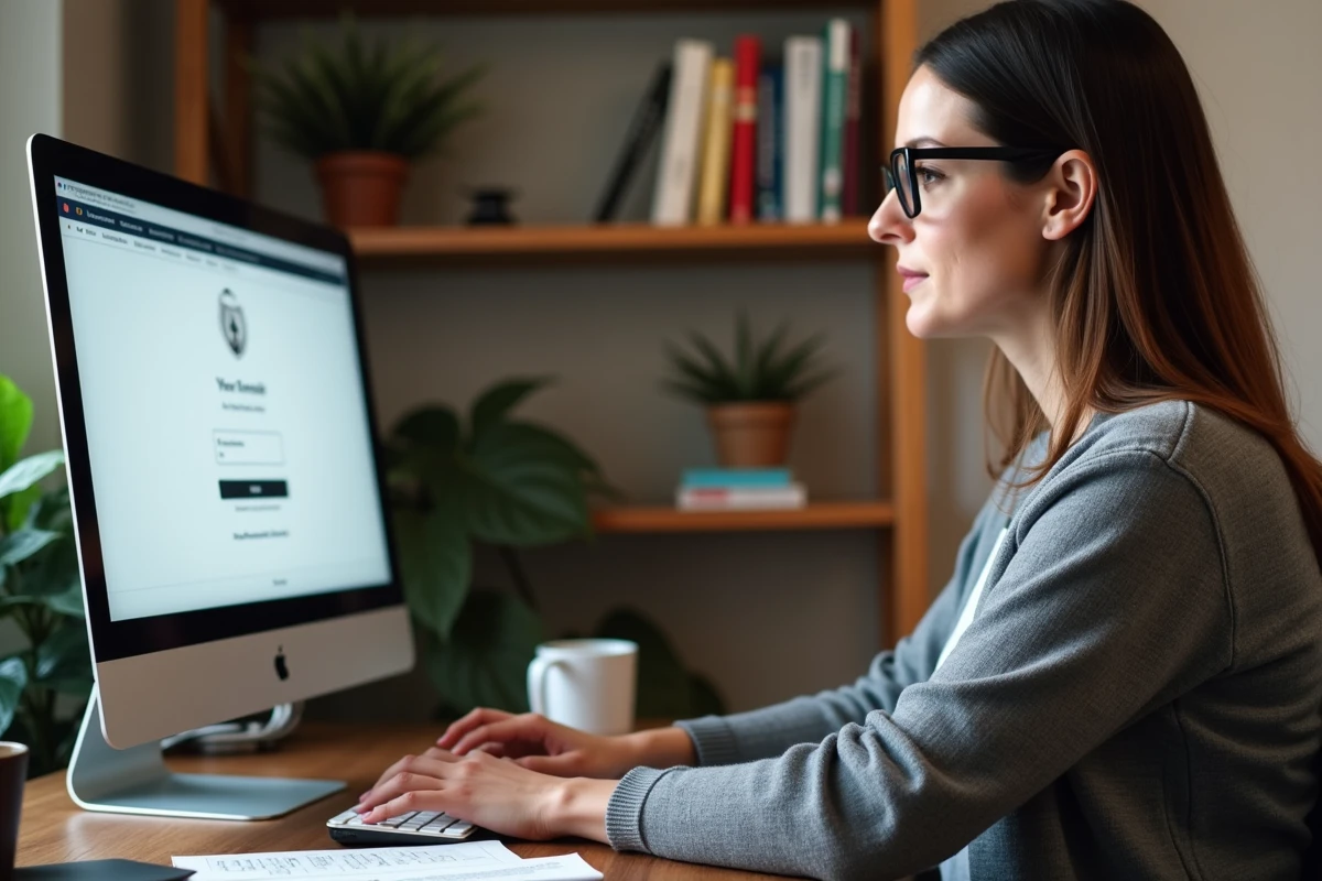 Enseignante remplaçante se connectant à la messagerie académique PIA Amiens depuis son bureau à domicile sur un ordinateur de bureau