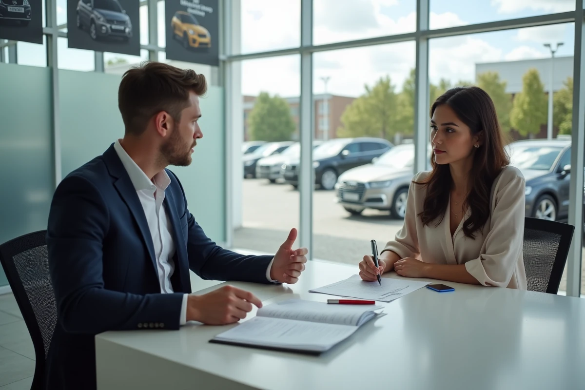 Femme discutant avec un vendeur dans un showroom automobile