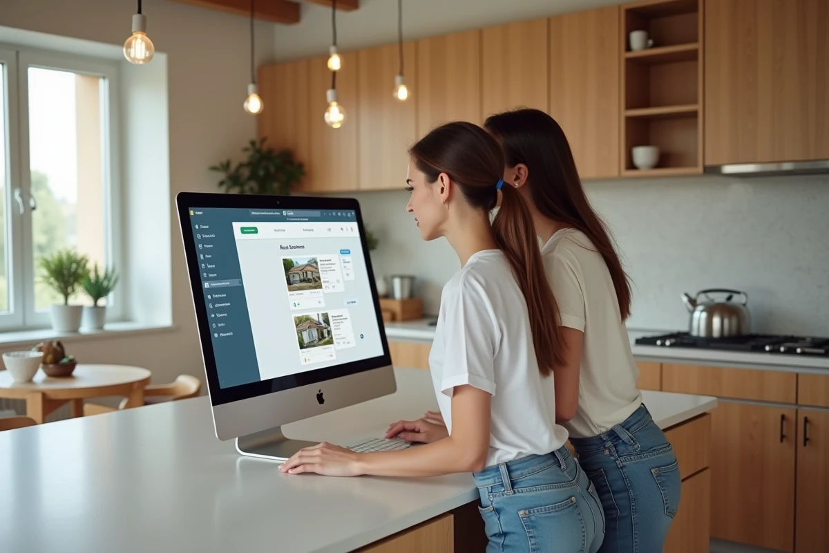 Couple de jeunes adultes naviguant ensemble sur un site immobilier depuis un ordinateur de bureau dans une cuisine moderne
