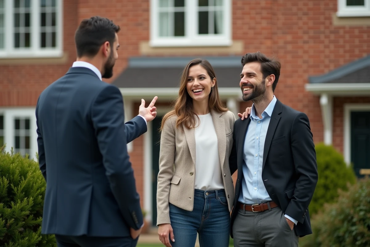 Jeune couple et conseiller immobilier devant une maison en briques