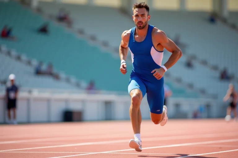 Coureur professionnel en plein effort sur une piste d'athlétisme lors d'une séance d'entraînement en 2024