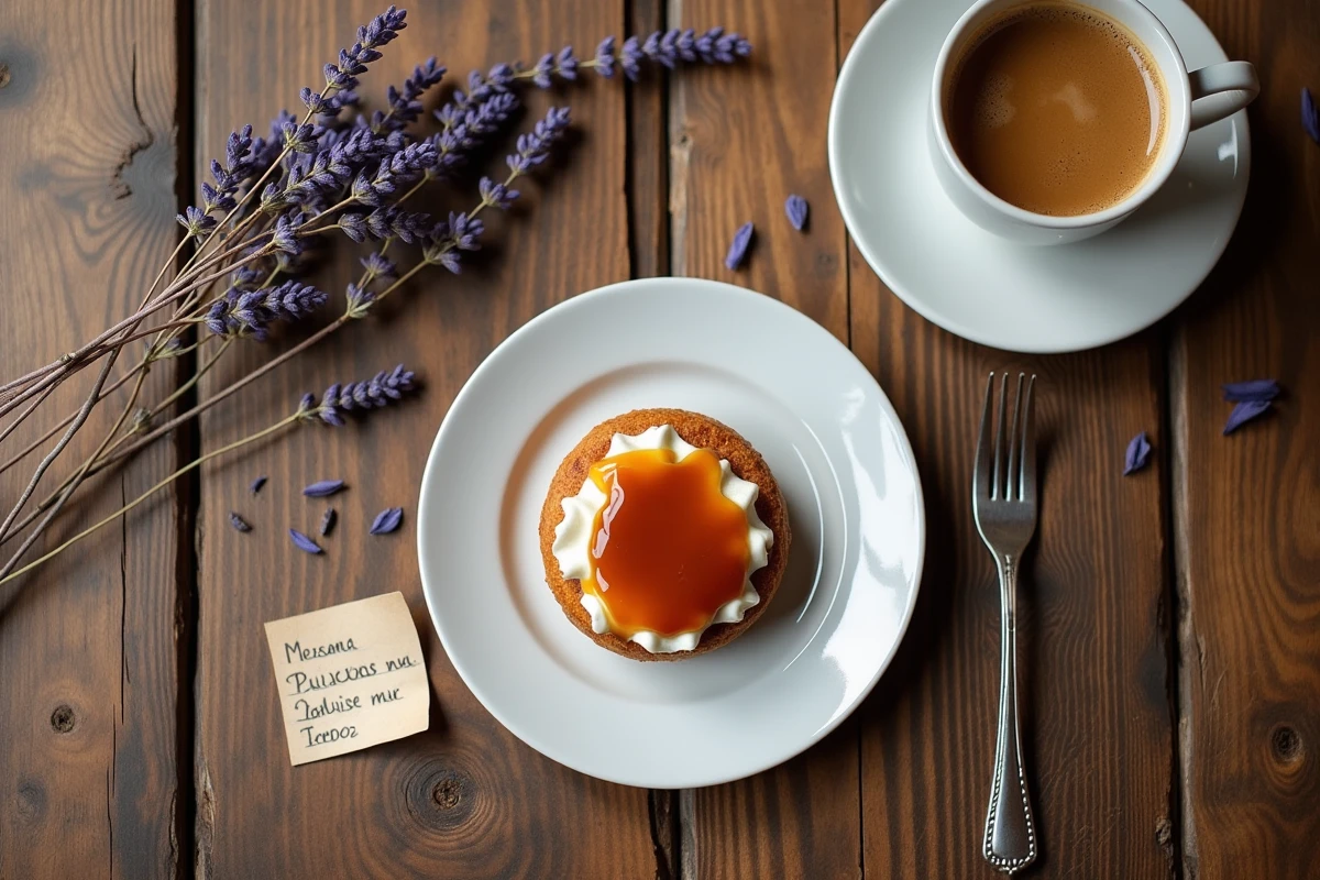 Vue aérienne d'un chou à la crème caramel et d'un espresso sur une table en bois rustique d'un café français