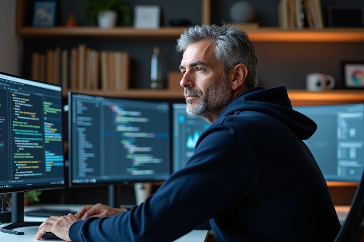 Développeur masculin travaillant sur plusieurs écrans incurvés avec des interfaces d'intelligence artificielle et de visualisation de données