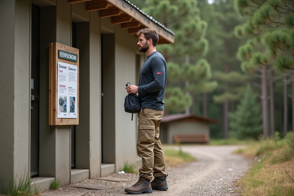 Randonneur devant un bloc de douches publiques gratuites dans un camping municipal entouré de pins