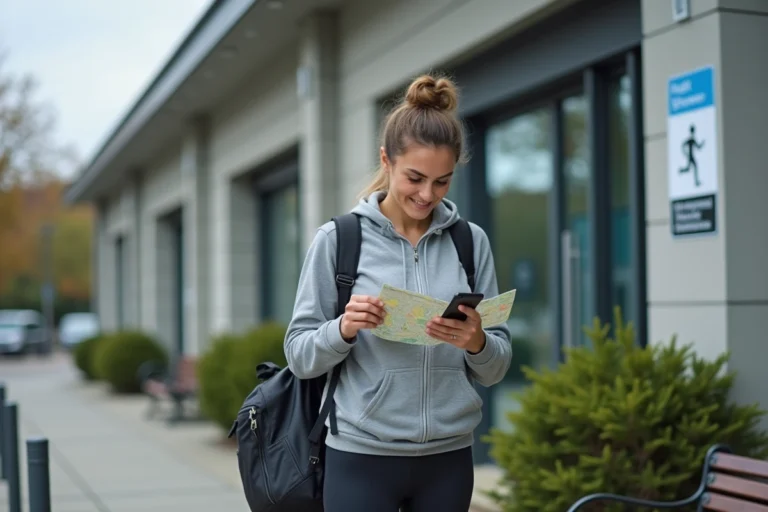 Jeune femme consultant son smartphone devant un centre sportif municipal proposant des douches publiques gratuites