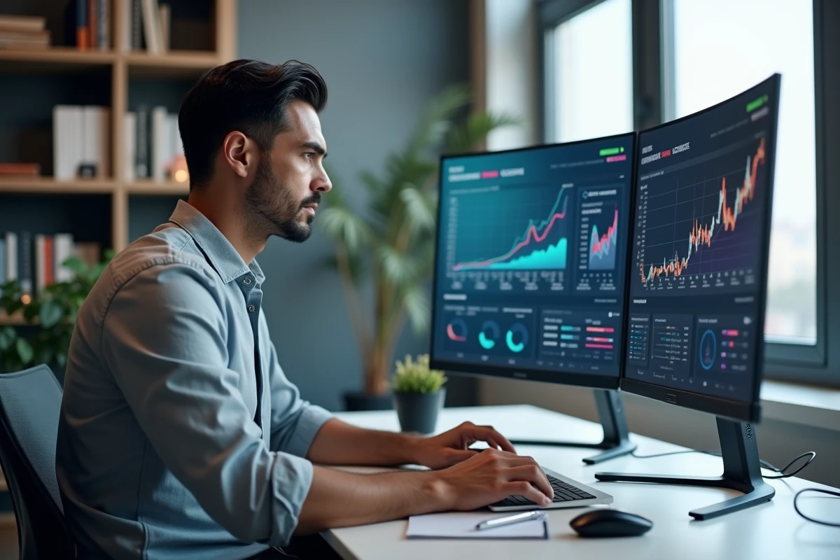 Entrepreneur analysant des tableaux de bord de croissance et des données analytiques sur un grand écran dans son bureau