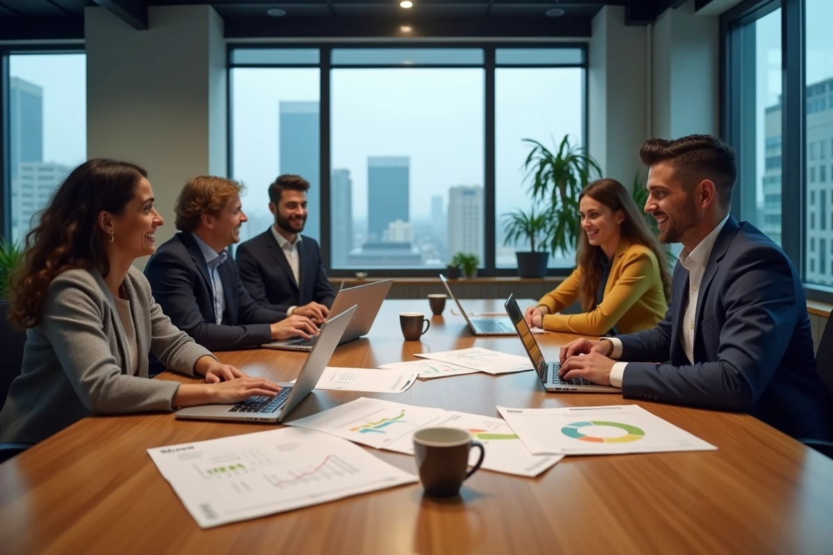 Équipe professionnelle en réunion de brainstorming autour d'une table de conférence avec graphiques et ordinateurs portables
