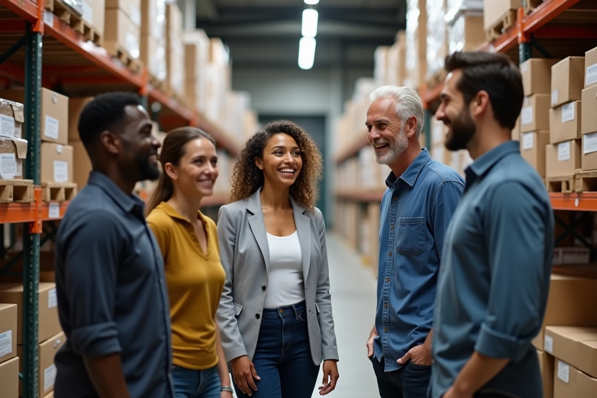 Groupe de collègues divers partageant un moment convivial en entrepôt