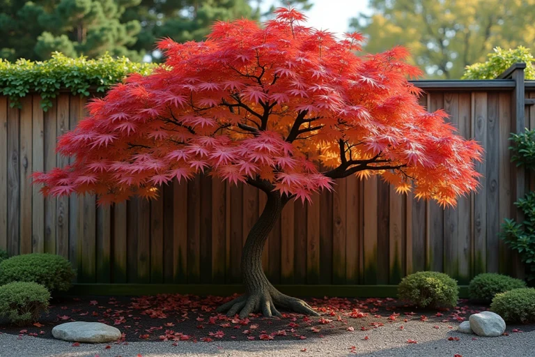 Érable du Japon avec feuilles rouges tombant en automne dans un jardin zen avec gravier et clôture en bois