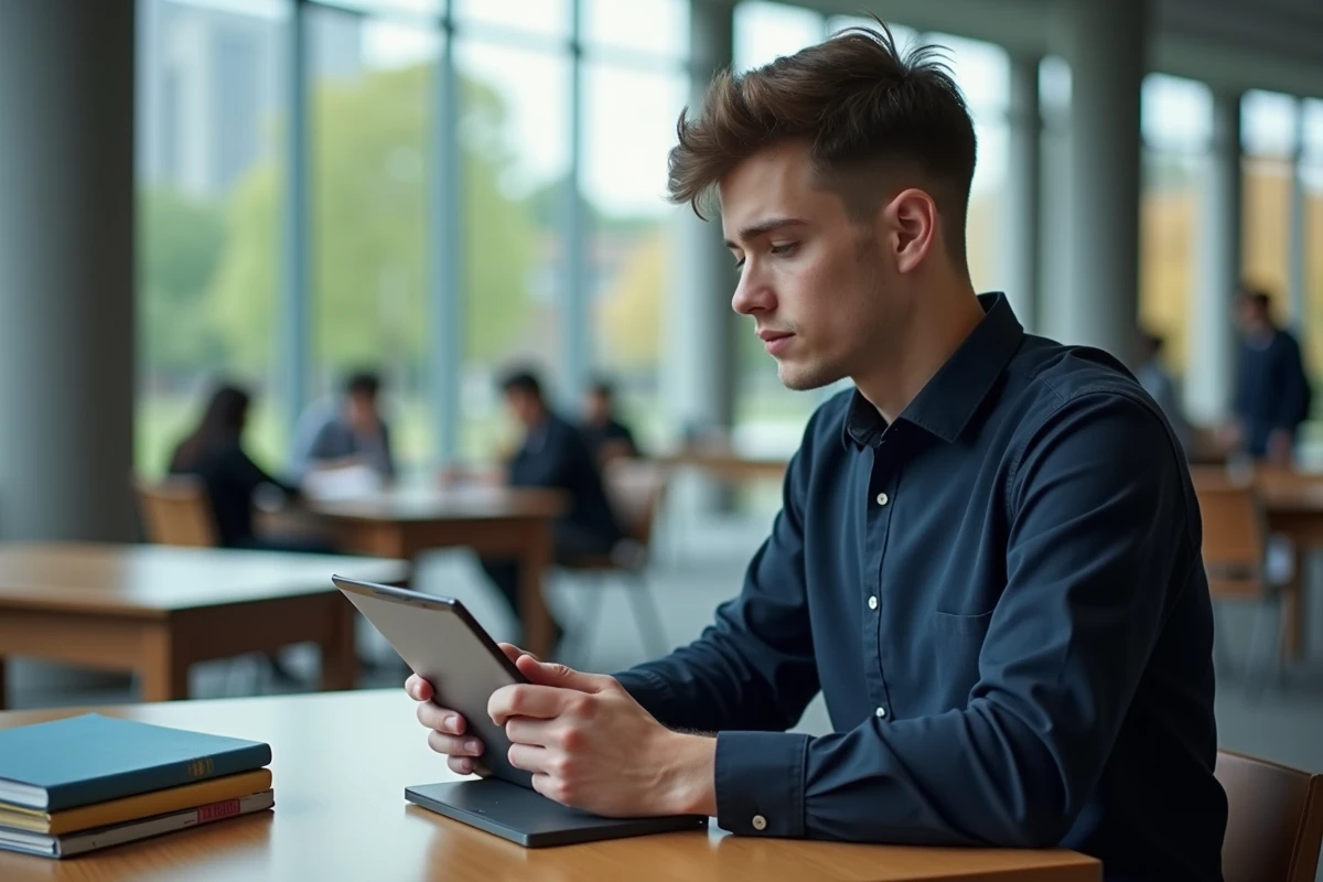 Étudiant consultant le portail eCandidat Paris 13 sur une tablette dans une bibliothèque universitaire