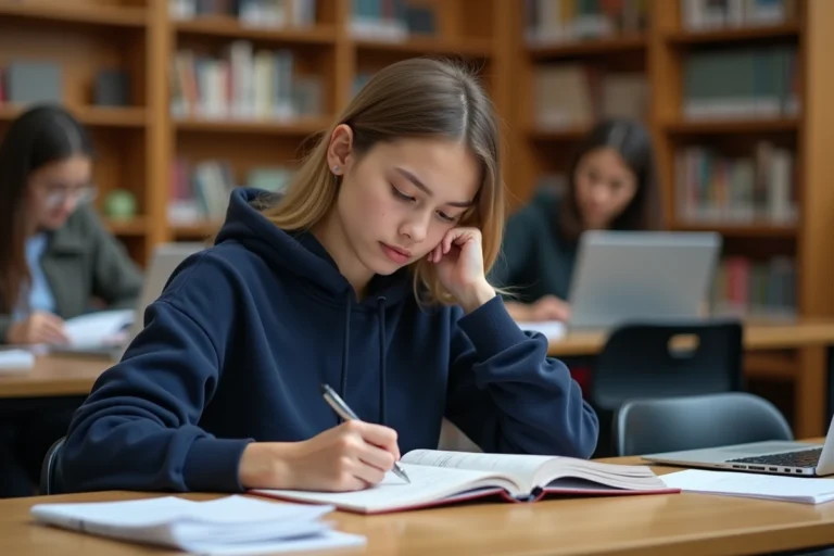 Étudiante universitaire concentrée sur ses révisions dans une bibliothèque, illustrant le stress des examens et la différence entre ajourné et défaillant
