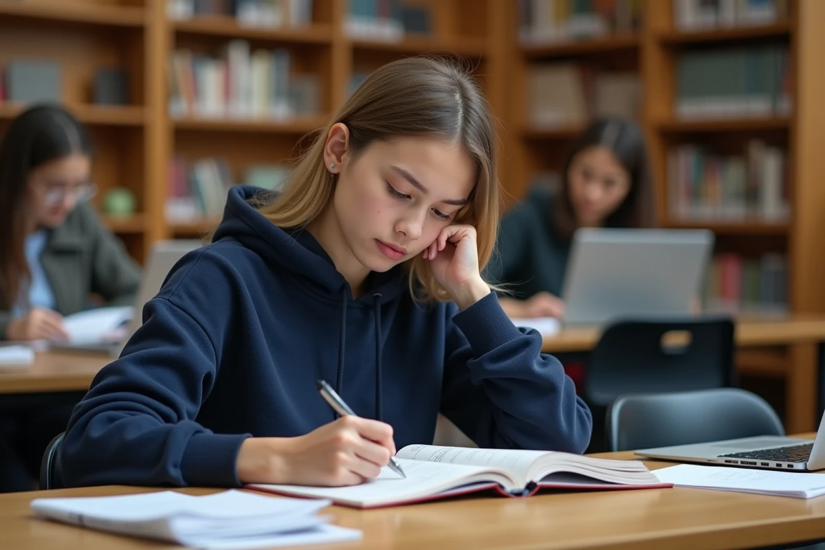 Étudiante universitaire concentrée sur ses révisions dans une bibliothèque, illustrant le stress des examens et la différence entre ajourné et défaillant