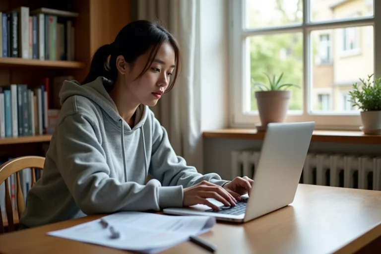 Étudiante remplissant un dossier de candidature en ligne sur eCandidat depuis sa chambre universitaire