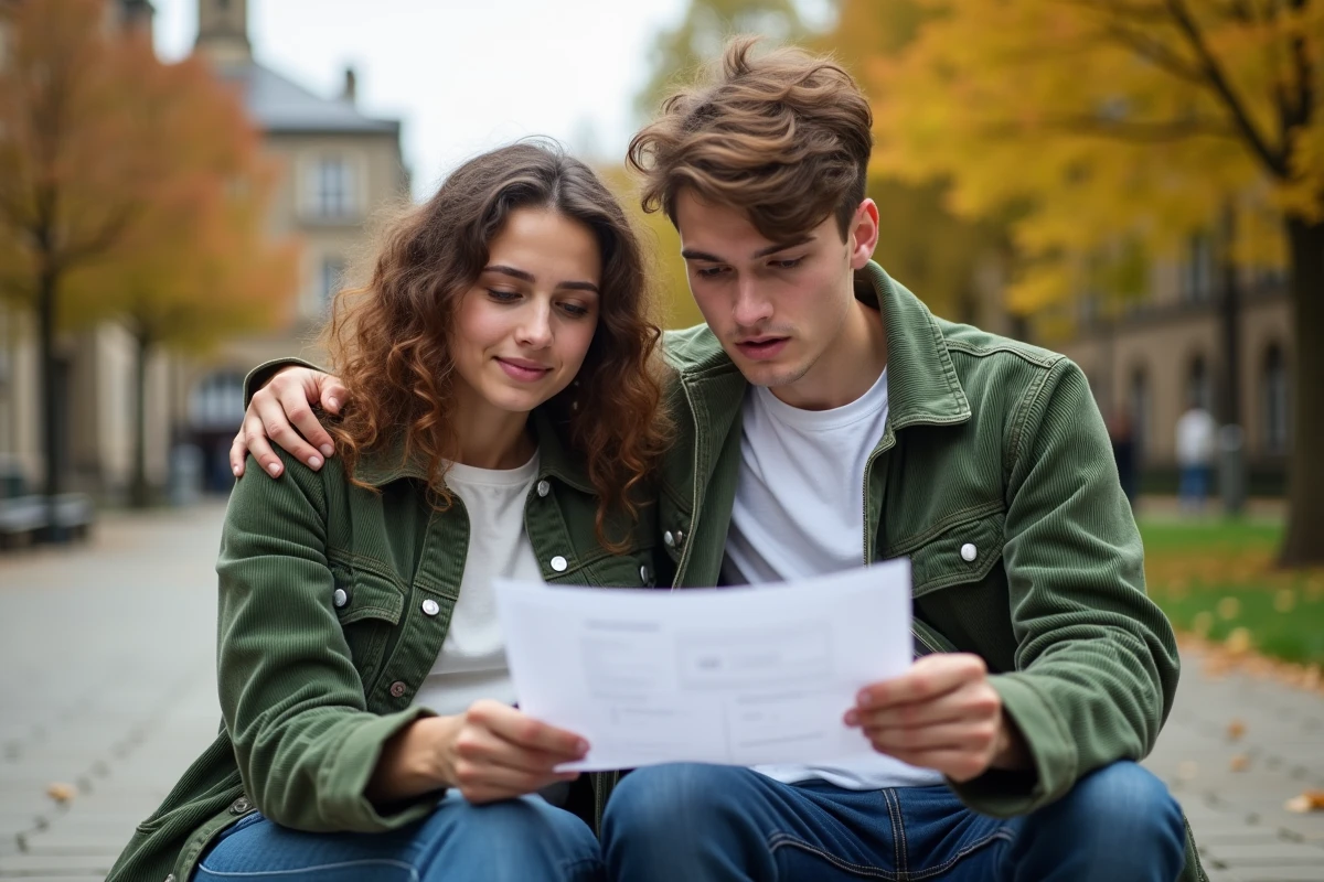 Deux étudiants consultant leurs résultats d'examens sur un campus universitaire en automne, illustrant les questions autour du statut ajourné et défaillant