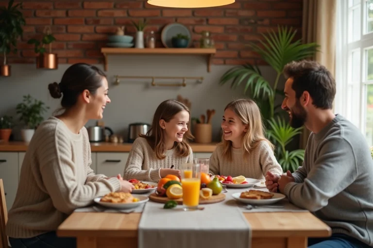 Famille multigénérationnelle réunie autour d'un petit-déjeuner convivial dans une cuisine moderne en bois