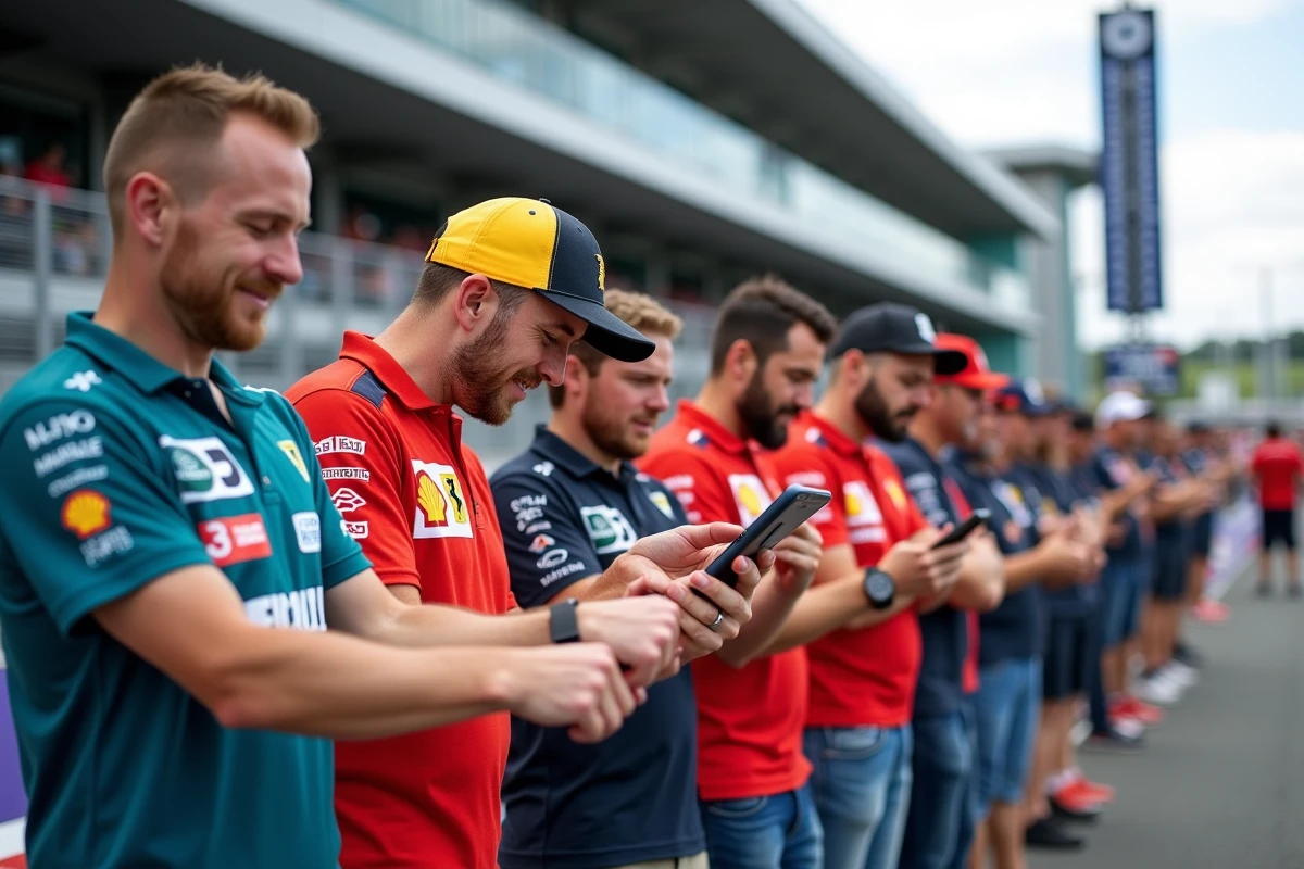 Des fans de MotoGP vérifiant l'heure sur leur montre et smartphone avant le début du Grand Prix