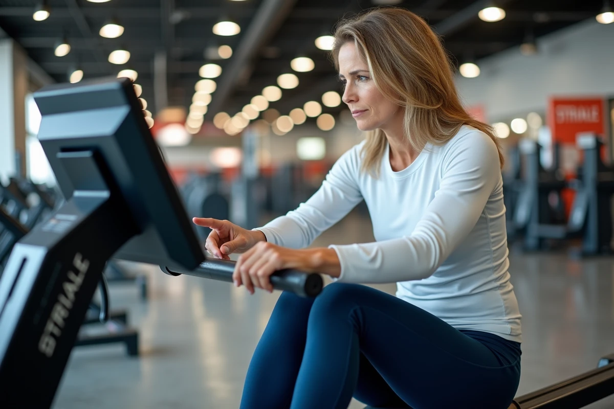 Femme comparant les fonctionnalités d'un rameur Striale dans un magasin de sport