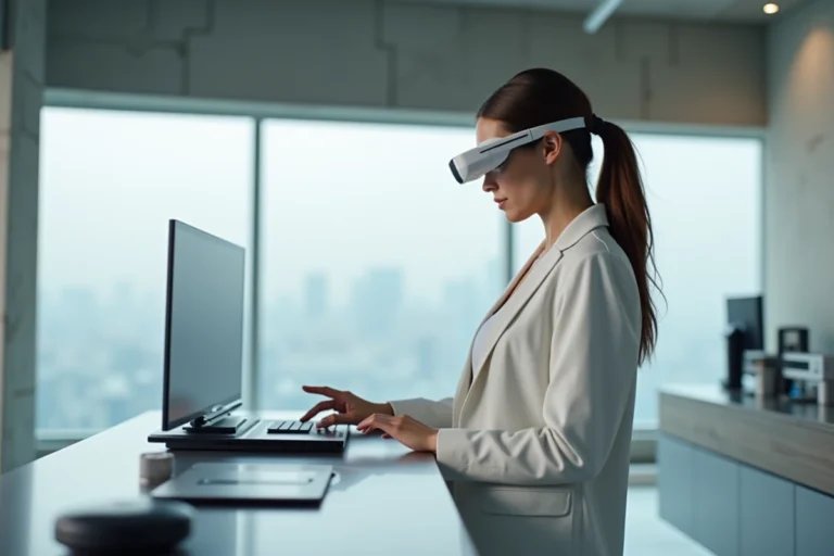 Femme explorant les dernières innovations technologiques dans un studio moderne avec écran OLED et tablette en verre transparente