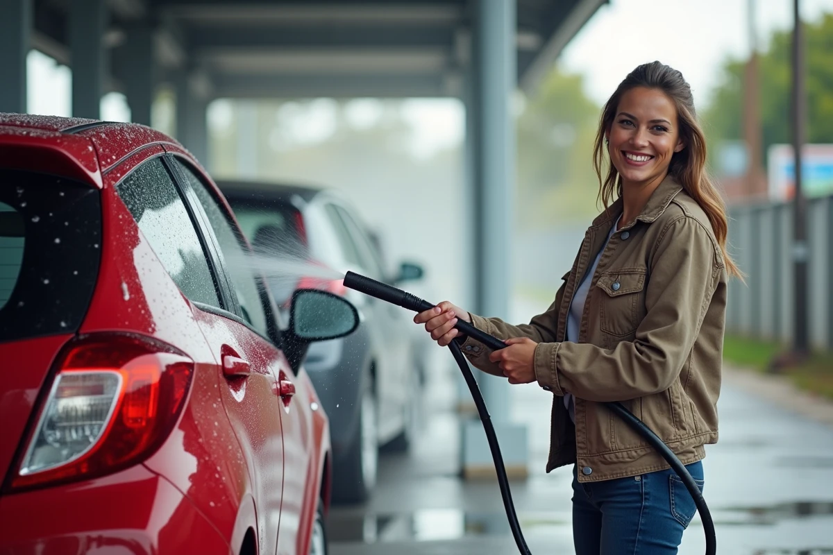 Femme utilisant une station de lavage automobile en libre-service pour nettoyer son véhicule rouge