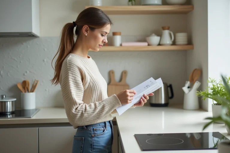 Femme lisant un mode d'emploi dans une cuisine moderne