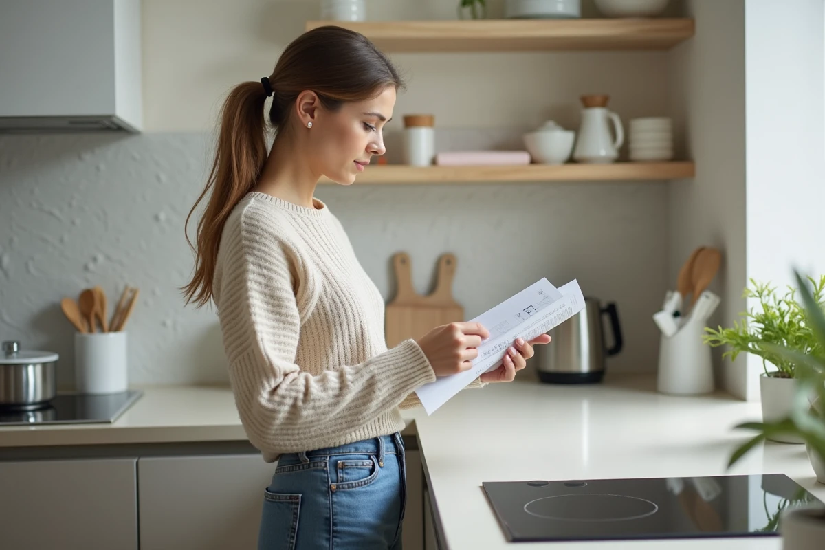 Femme lisant un mode d'emploi dans une cuisine moderne