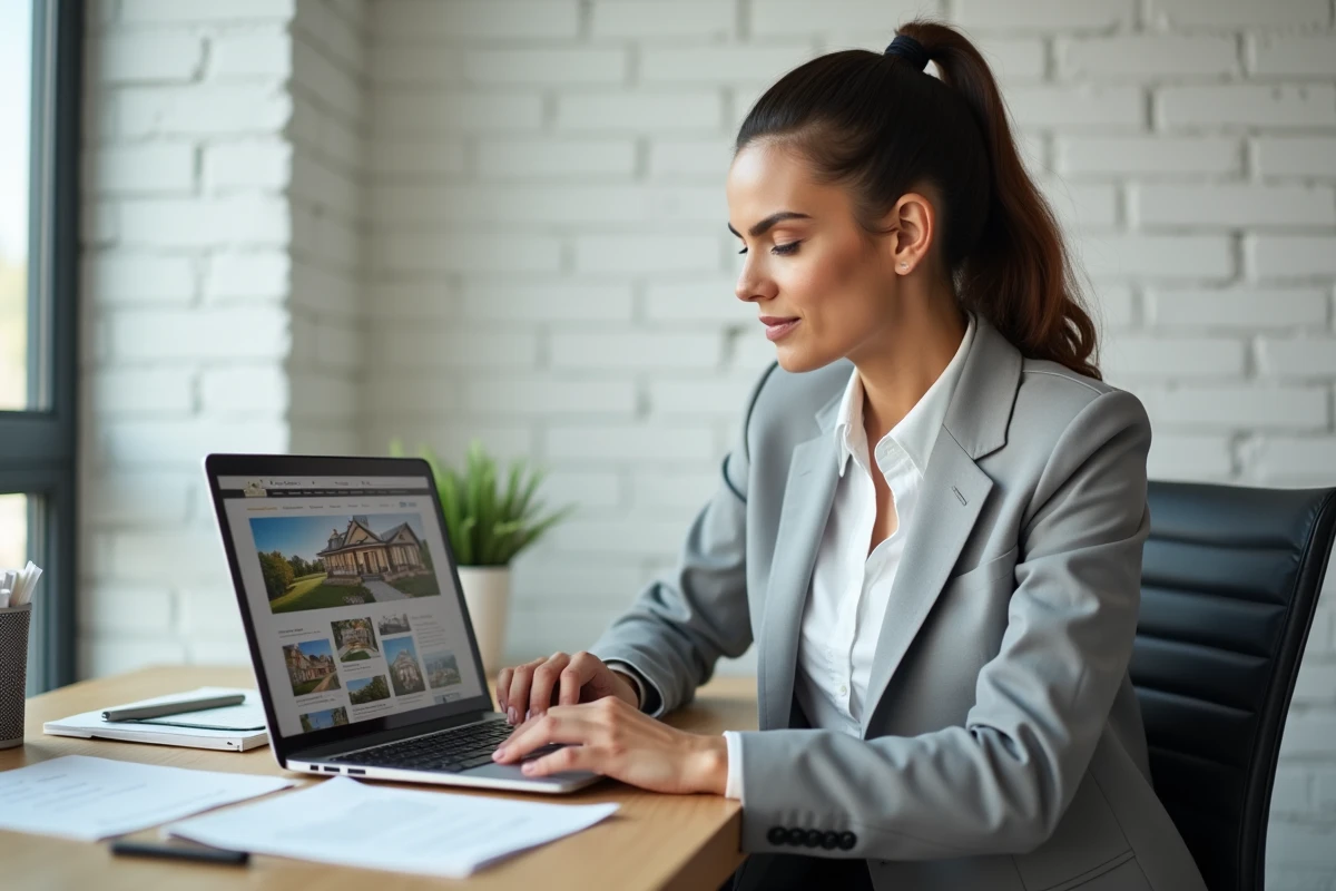 Femme professionnelle consultant un plan de site immobilier sur un ordinateur portable dans un bureau moderne