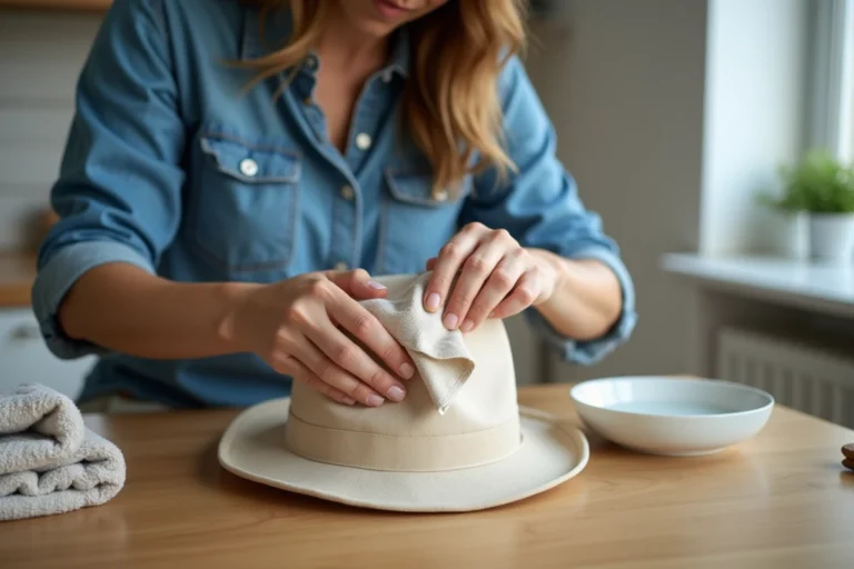 Femme nettoyant un chapeau en tissu beige avec un chiffon