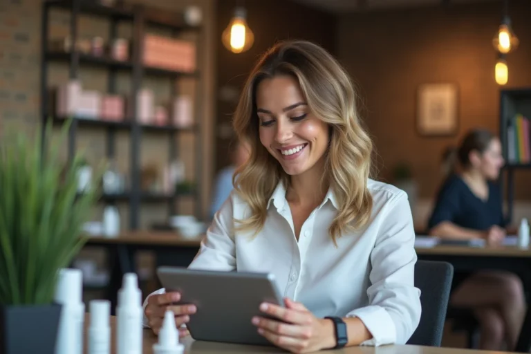 Femme en tenue professionnelle examine des produits de beauté sur une tablette
