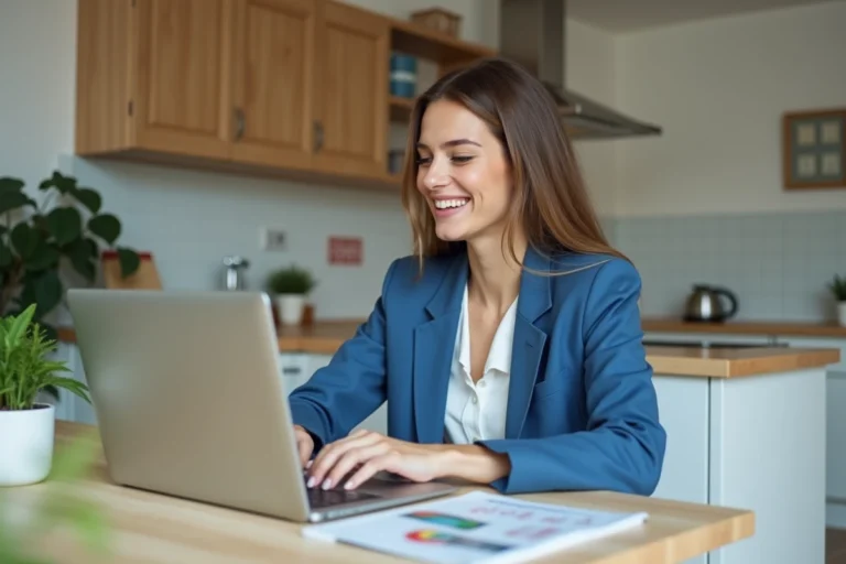 Femme souriante étudie des annonces immobilières à la maison