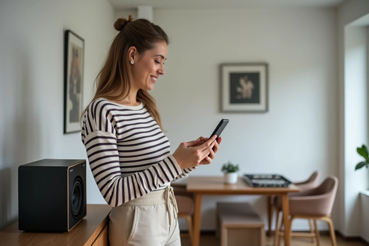 Jeune femme sélectionnant une playlist musicale sur son smartphone à côté d'une enceinte Bluetooth pour animer un jeu de société