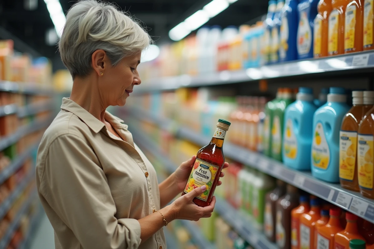 Femme en rayon de supermarché Leclerc lisant l'étiquette d'une bouteille d'alcool à 90° pour la conservation des fruits