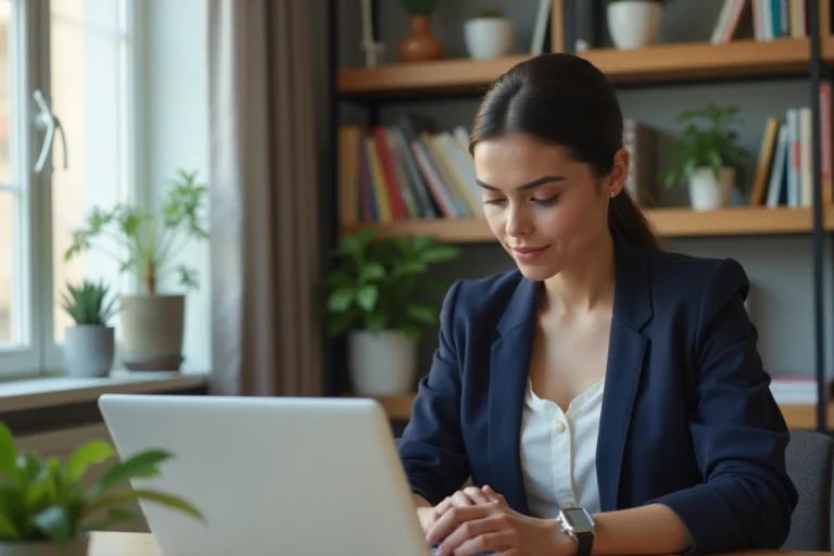 Femme professionnelle utilisant une plateforme de recherche d'emploi en ligne sur son ordinateur portable dans un bureau à domicile