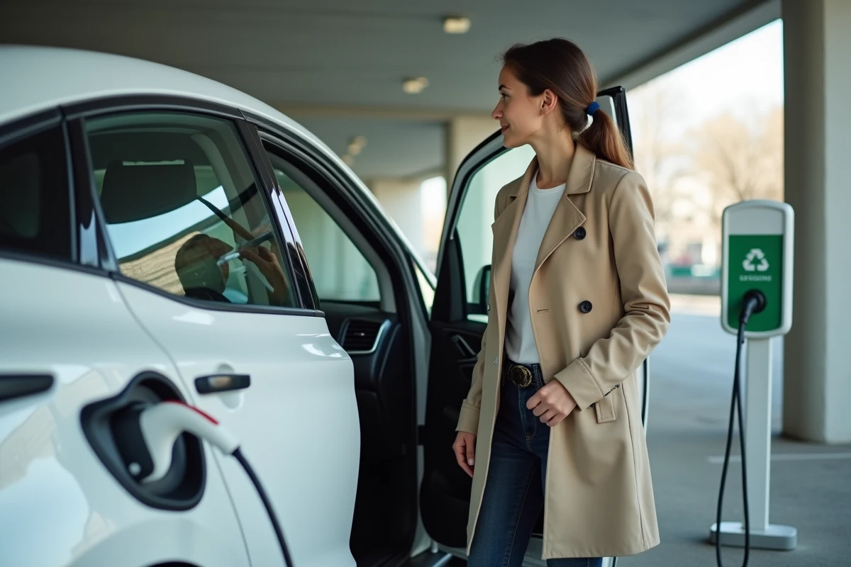 Femme debout à côté d'un SUV hybride compact blanc à une borne de recharge en milieu urbain, consultant l'interface tactile du véhicule