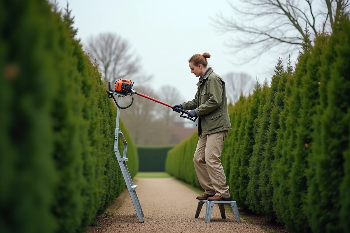 Femme sur un escabeau utilisant un taille-haie télescopique pour couper le dessus d'une haute haie de thuyas