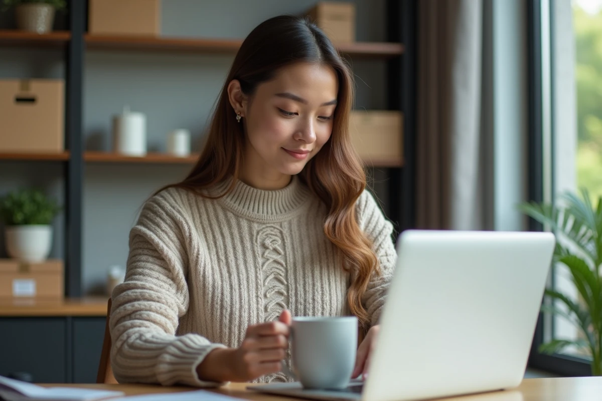 Jeune femme vérifie un colis sur son ordinateur à la maison