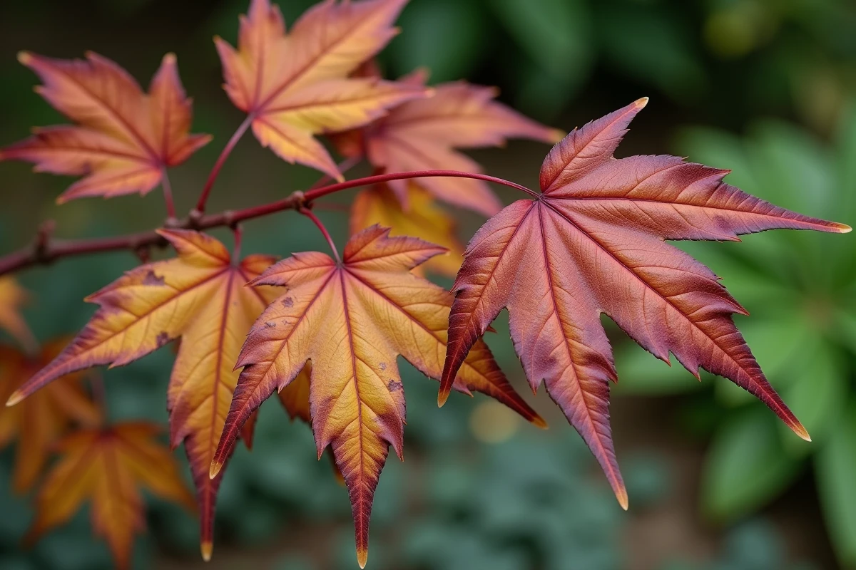 Feuilles d'érable du Japon jaunissantes et brûlées sur une branche, signes de stress hydrique ou de maladies
