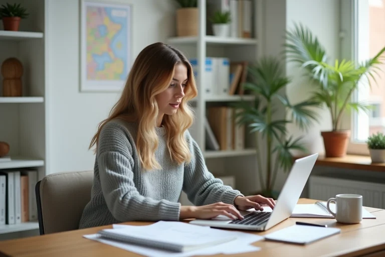 Femme consultant des documents pour s'inscrire à une formation magnétiseur via Pôle emploi depuis son bureau à domicile